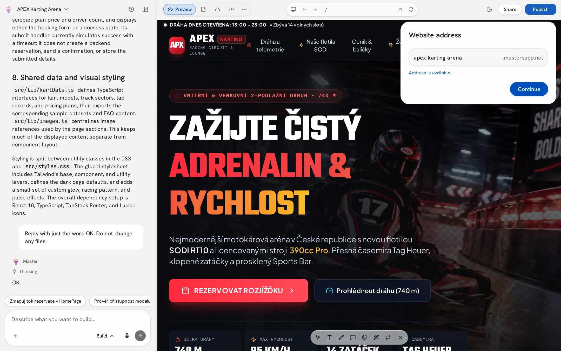 Publish dialog with website address
